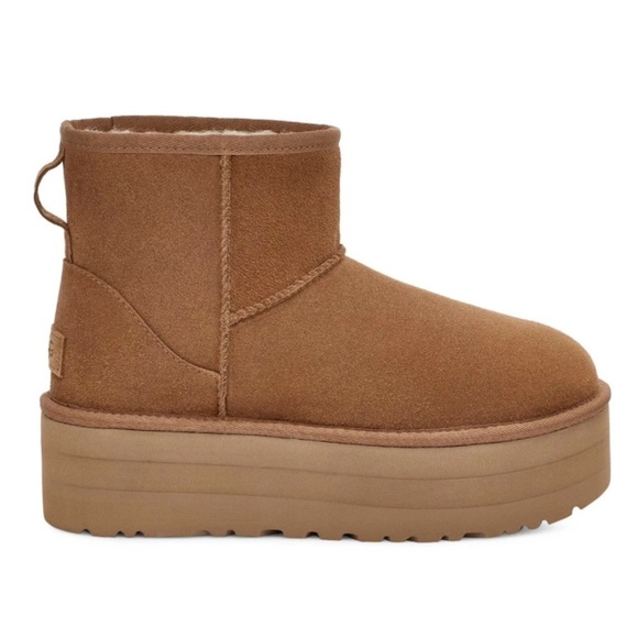 NWOT UGG Classic Mini Platform Suede Wool Shearling Bootie Boots Chestnut - Picture 1 of 7
